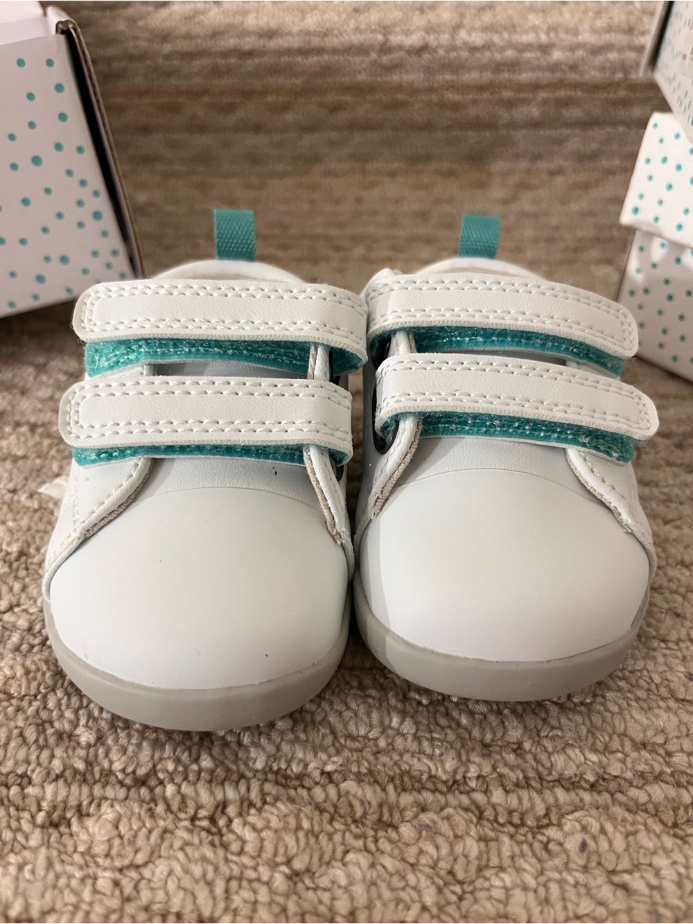 Ten Little: White and Teal Kids Velcro Sneakers